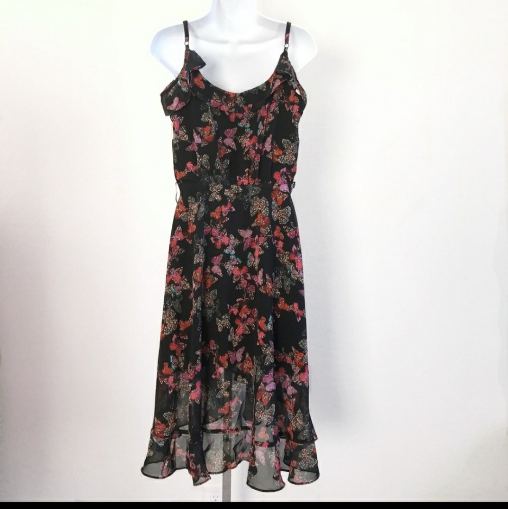 Betsey Johnson Dress Black Butterflies Ruffle Wrap